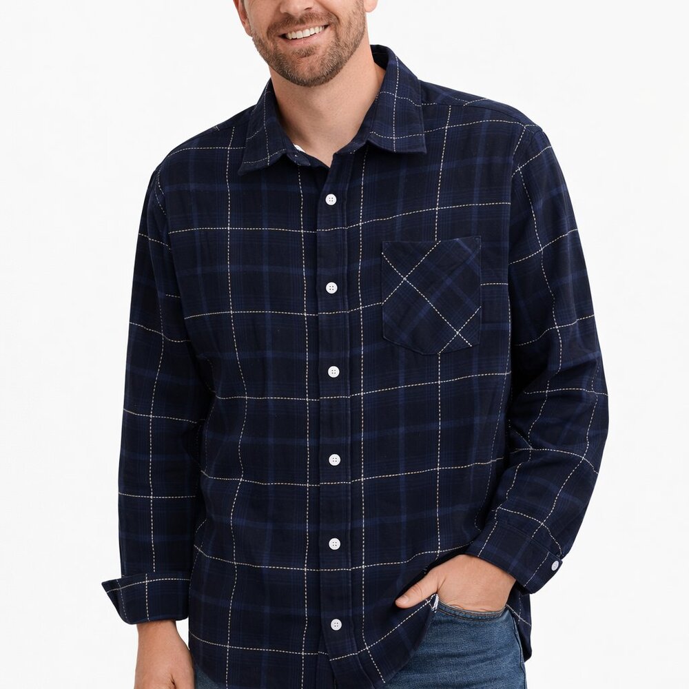 JACKFIELD SHIRT, 100% COTTON FLANNEL BLACK, DARK BLUE PLAID, SIZE LARGE